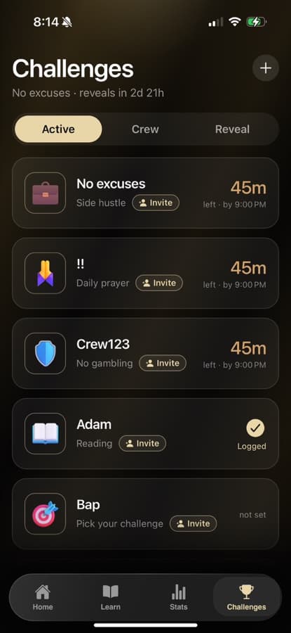 Challenges: active crews with time left today